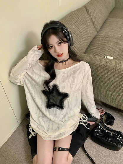 Thin T-Shirt with Oversized Neck, Drawstring Bottom, Long Sleeve, Long length, Baggy