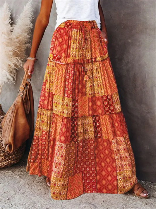 Bohemian Long Skirt with  Elastic High Waist, Tiered A-line with Pockets