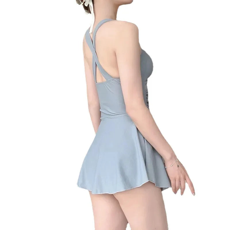 One piece swimsuit with attached skirt Waist Tightening for slimming