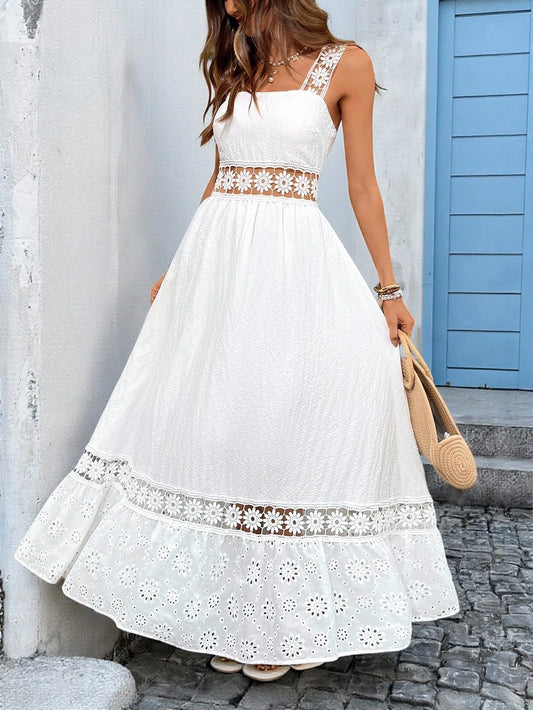 Boho Sizes to 2XL White Hollowed Out Cotton Lace at Empire Waist, Straps, and Top of Ruffle at Bottom