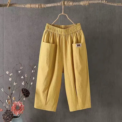 Cotton Linen Cropped 3/4 Length Pants, Loose, Linen with Elastic Waist and Pockets