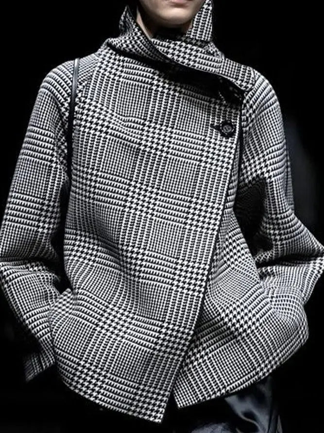 Asymmetrical Retro Black Plaid Houndstooth Jacket Autumn Winter
