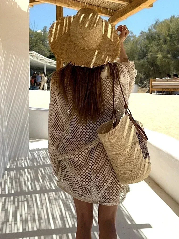 Solid Color Beach Knit Mini Dress, Long Sleeve Swimsuit Cover Up, Boho Holiday Loose Overwear