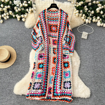 Boho Crocheted Knit Cardigan Midi Length