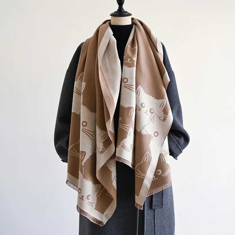 Cute Cat Ladies' Jacquard Pashmina Cashmere Scarf Thick Warm
