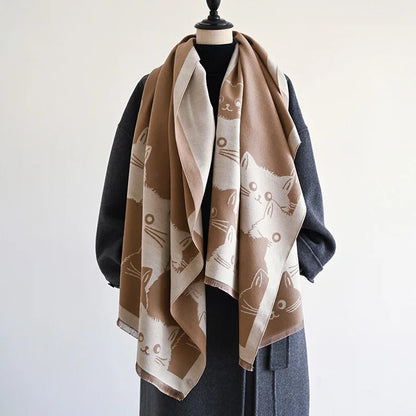 Cute Cat Ladies' Jacquard Pashmina Cashmere Scarf Thick Warm