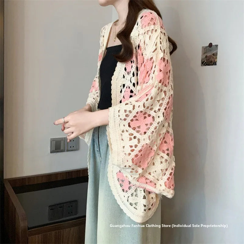 Bohemian Style Hollowed-out Long Sleeve Light Weight Sweater with V Neck and Batwing Sleeves
