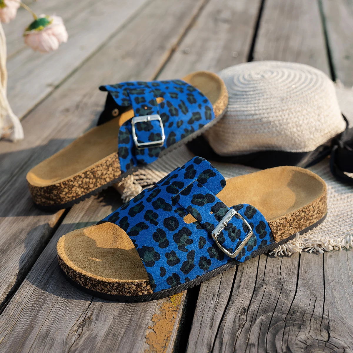 Open-Toe Sandals, Brown Cork Sole Sandals, Leopard Print Slides with Adjustable Buckle Straps