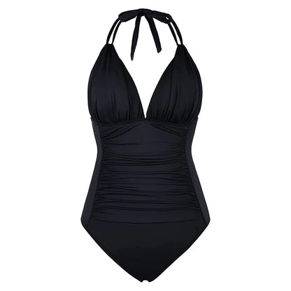 Basic Solid Color Halter One Piece Tummy Control Swimwear