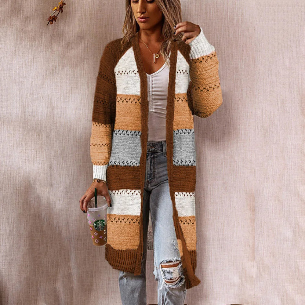Multi-Color Mid-Length Knitted Cardigan Sizes to 3XL