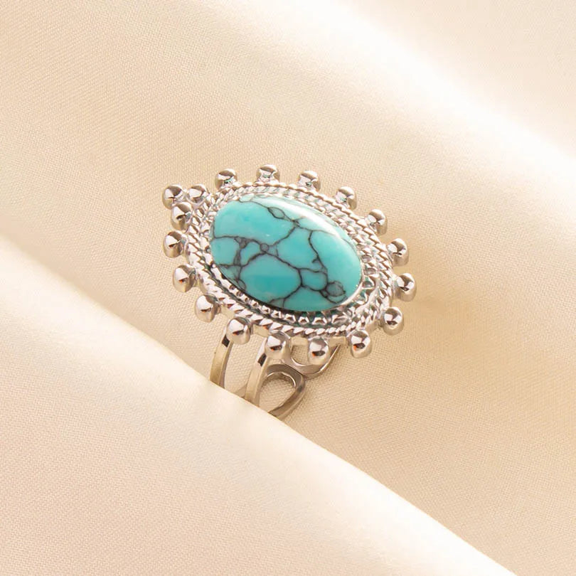 1pc Boho Turquoise Ring Stainless Steel Light Blue Gemstone Silver Adjustable Ring