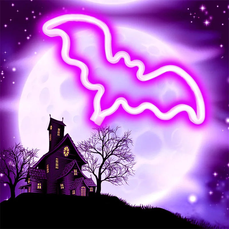 Moon and Bat Halloween Decorative LED Neon Light