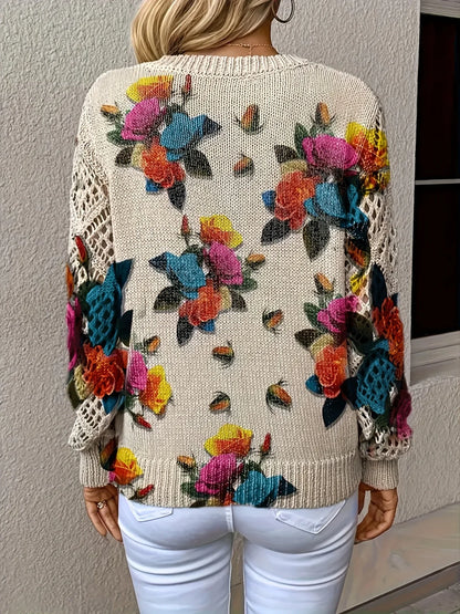 Boho Floral Print V Neck Crocheted Long Sleeved Sweater with Hollowed Out Knit Sleeves in 12 Different Designs