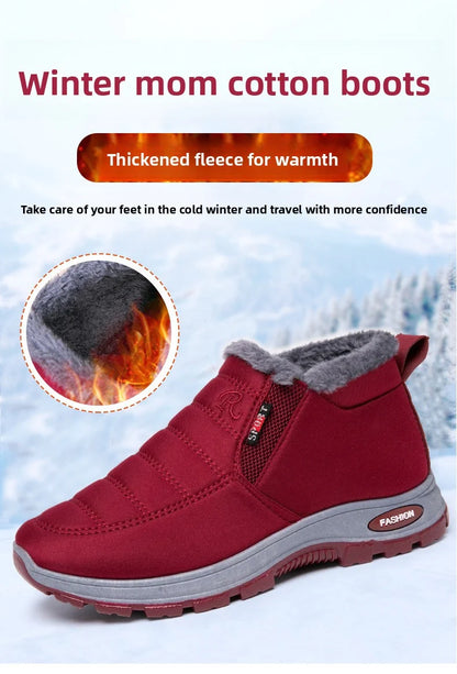 Waterproof Plush, Warm Ankle Snow Boots in Red, Black, Blue, Green, and Tan.