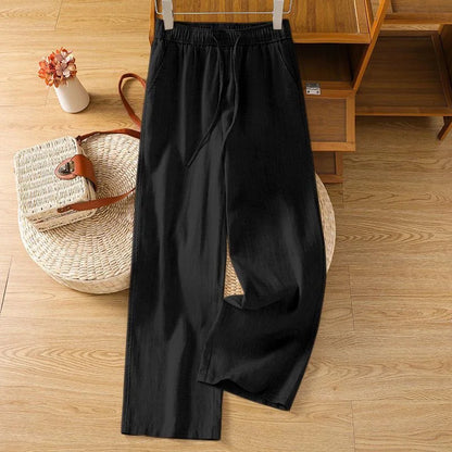 Up to 4XL in Navy, Wheat, White, and Black Wide Leg Pants.  Cotton with Elastic and Tie Waist.
