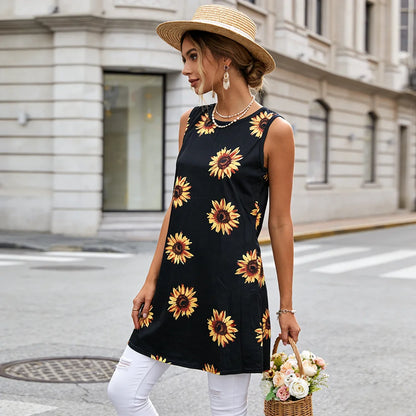 Boho Sunflower Print Loose Dress Fashion Casual Sleeveless Midi Dress