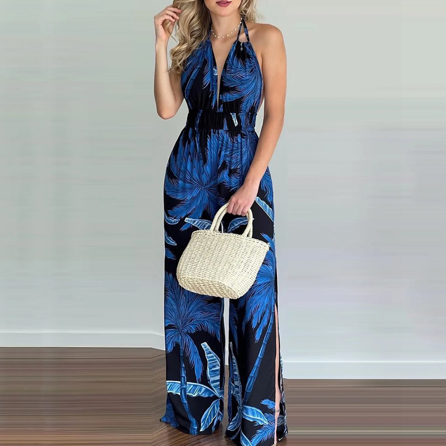 Sizes to 3XL, Colorful print jumpsuits, Sleeveless ,  Plunging V-neck , Halter top, Long Wide pants, Elastic Waist