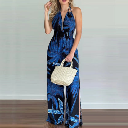 Sizes to 3XL, Colorful print jumpsuits, Sleeveless ,  Plunging V-neck , Halter top, Long Wide pants, Elastic Waist