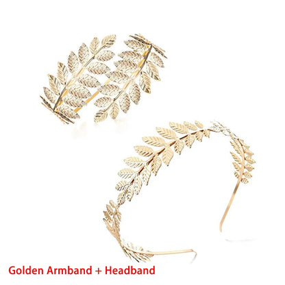 Greek Goddess Headband & Arm Bands Set For Women Laurel Wreath Crown Golden Leaf Headband For Roman Greek Accessories Cosplay