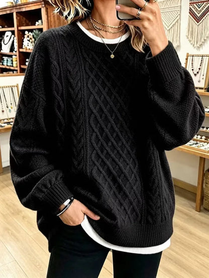 Sizes to 3XL Retro Cable Knit Sweater, Round Neck, Loose Pullover, Casual Long Sleeve Top. Comes in 9 Colors