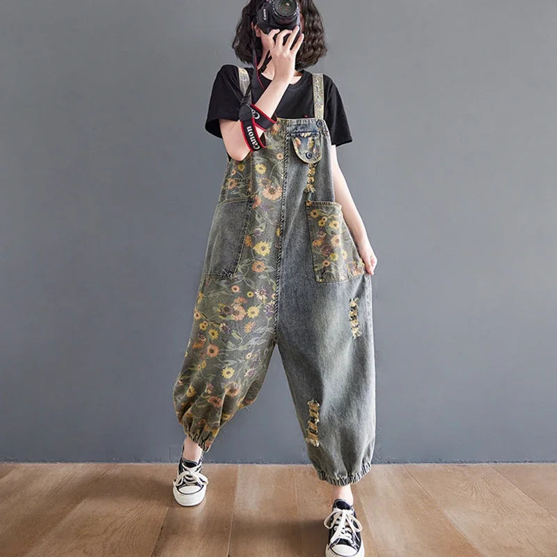 Sizes to 2XL Casual Print Floral Denim Jumpsuits Loose Wide Leg Button-Up Straps Baggy Pants Loose Elastic at Ankles