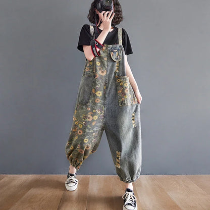 Sizes to 2XL Casual Print Floral Denim Jumpsuits Loose Wide Leg Button-Up Straps Baggy Pants Loose Elastic at Ankles