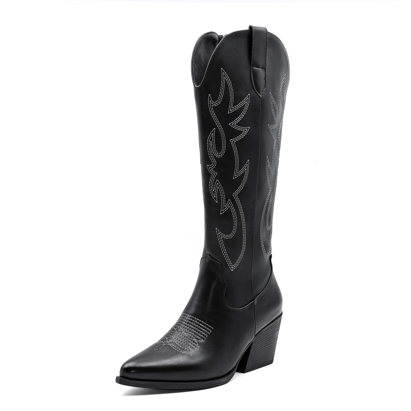 Embroidered Western Cowgirl Boots, Pointed Toe, Thick Heel,  Knee High Boots