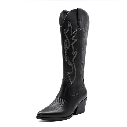 Embroidered Western Cowgirl Boots, Pointed Toe, Thick Heel,  Knee High Boots