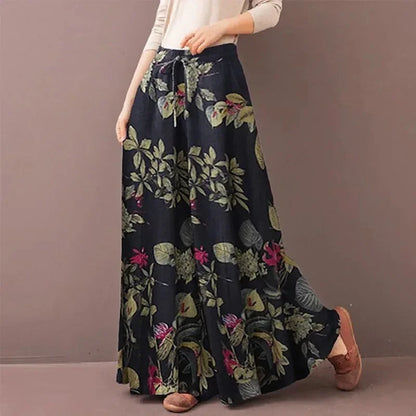 Sizes to 3XL Boho Floral Print Wide Leg Pants Casual Loose Elastic Waist  and Drawstring