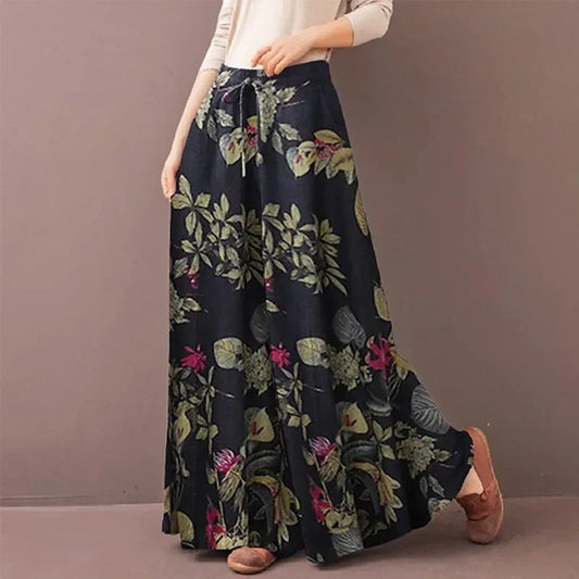 Sizes to 3XL Boho Floral Print Wide Leg Pants Casual Loose Elastic Waist  and Drawstring