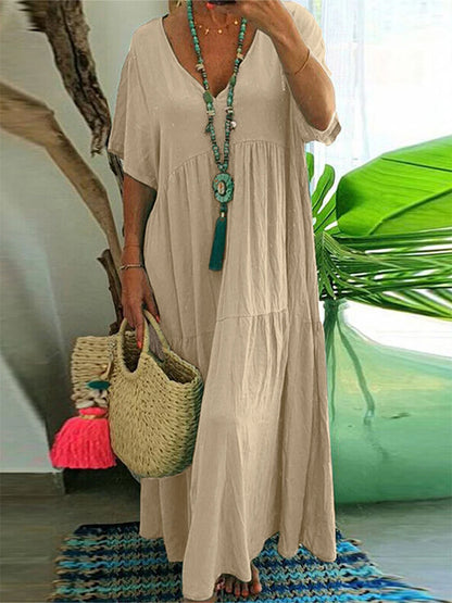 Sizes to 5XL, Loose Casual Midi Dress, V-neck, Short Loose Sleeves