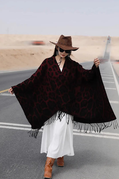 Vintage Boho Leopard Print Soft Over-the-Head Cloaks With Tassels