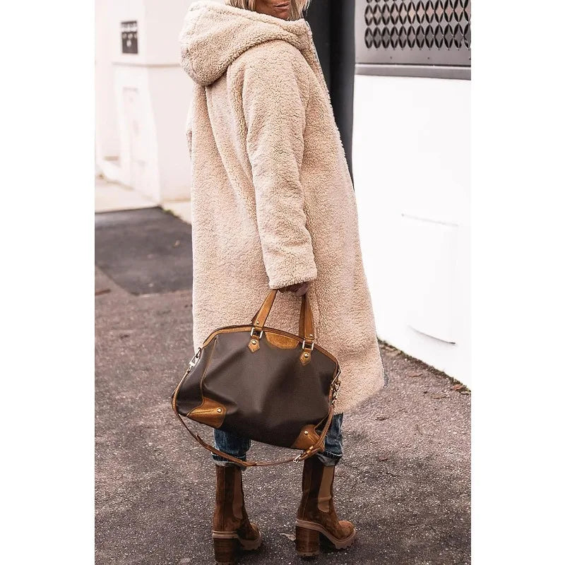 Reversible Sherpa Fleece, Long, Hooded Puffer Coats. Check colors: Brown, Green, Black, Burgundy, Light Gray