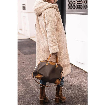 Reversible Sherpa Fleece, Long, Hooded Puffer Coats. Check colors: Brown, Green, Black, Burgundy, Light Gray