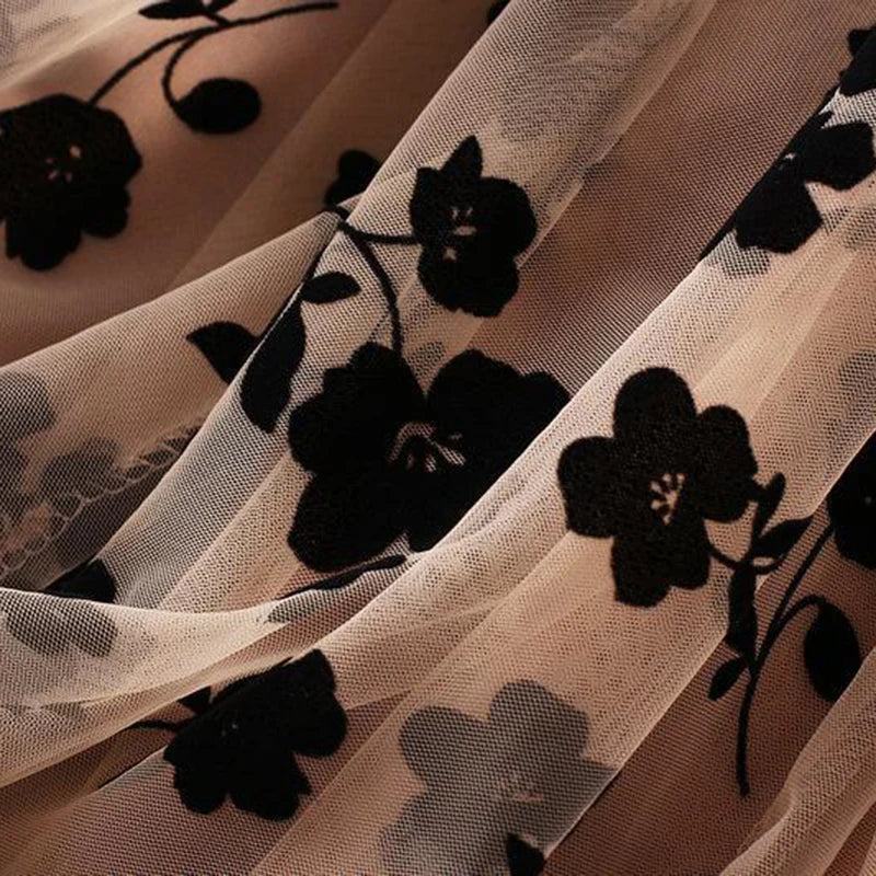 Floral Tulle High-Waisted Gathered Skirts, Elastic Waist, Polyester under Tulle