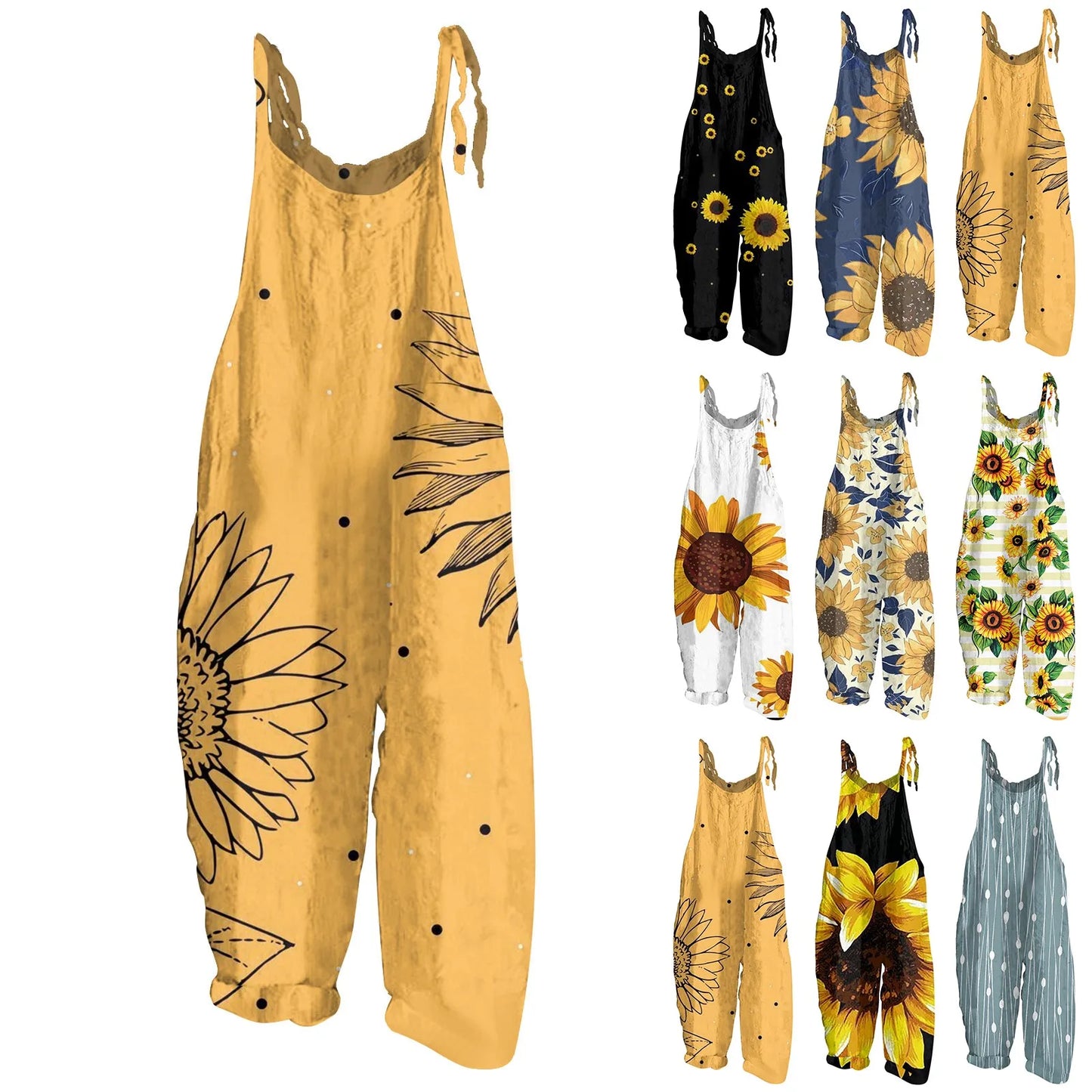 Sunflower Pattern Jumpsuits Casual Loose, Shoulder string ties; Variety of patterns