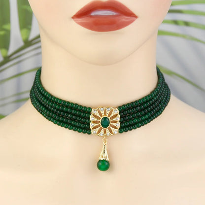 Beaded Choker Necklace Moroccan Square Metal Pendant