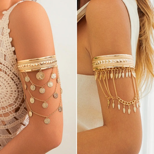 Golden Metal Coin Leaf Arm Cuff
