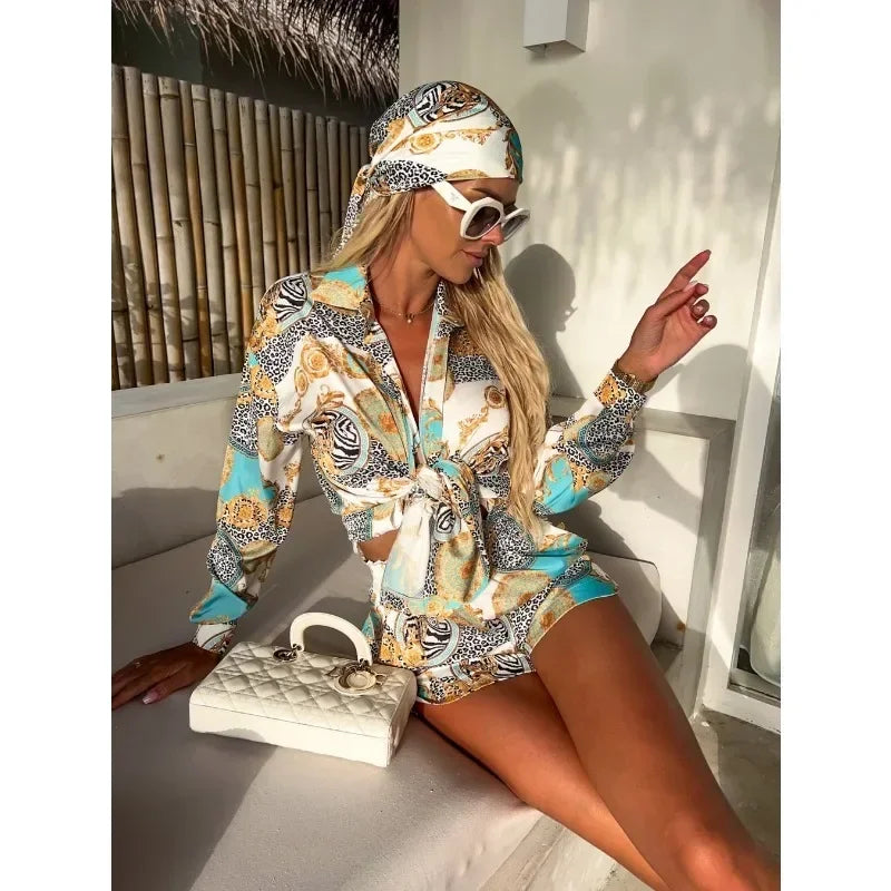 Printed Shorts Set with Polo Collar, Long Sleeve Shorts and Top set
