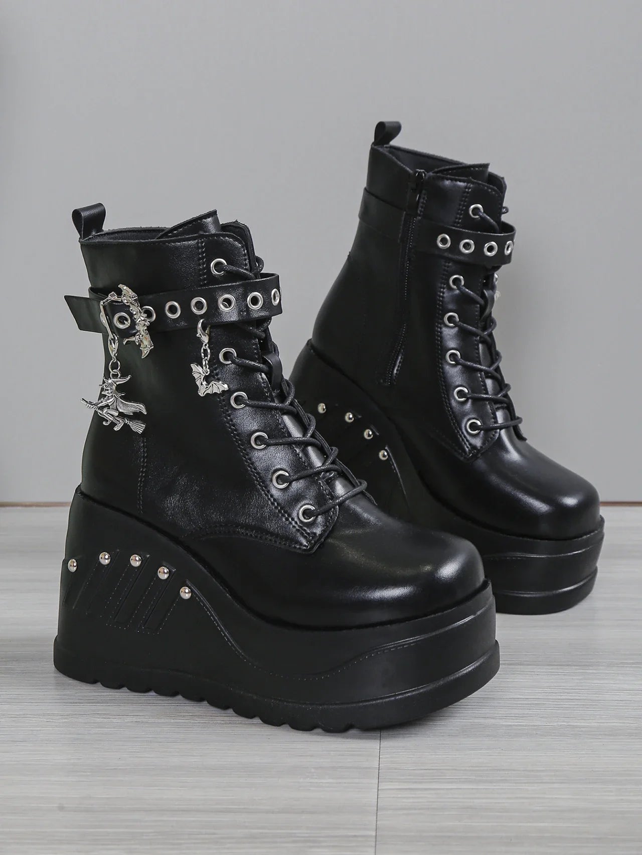 Punk Goth Platform Heels Wedge Heeled Boots, Tie and Strap Closures