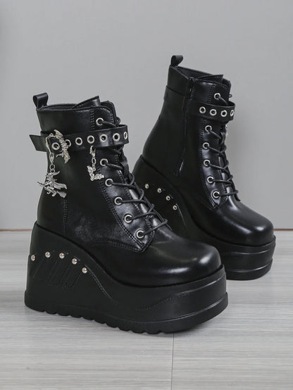 Punk Goth Platform Heels Wedge Heeled Boots, Tie and Strap Closures