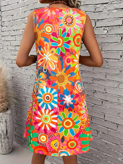 Sizes to 2XL, Vibrant Boho Floral Print. Sleeveless. Tank Top Dress