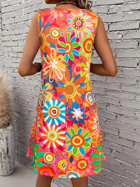 Sizes to 2XL, Vibrant Boho Floral Print. Sleeveless. Tank Top Dress