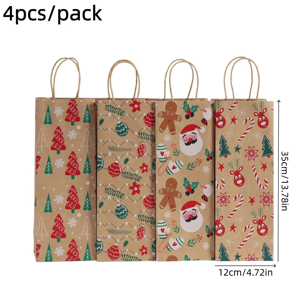 Christmas Wine Bottle Kraft Gift Bags, 4-Pack