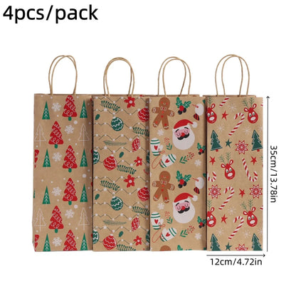 Christmas Wine Bottle Kraft Gift Bags, 4-Pack