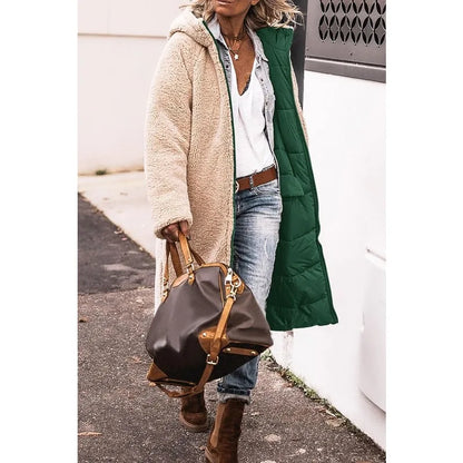 Reversible Sherpa Fleece, Long, Hooded Puffer Coats. Check colors: Brown, Green, Black, Burgundy, Light Gray