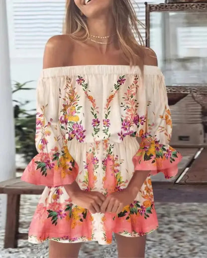 Sizes to 2XL Bohemian Off-Shoulder Floral & Leaf Print Mini Dress with Ruffled Hem and Bell Sleeves 5 Patterns