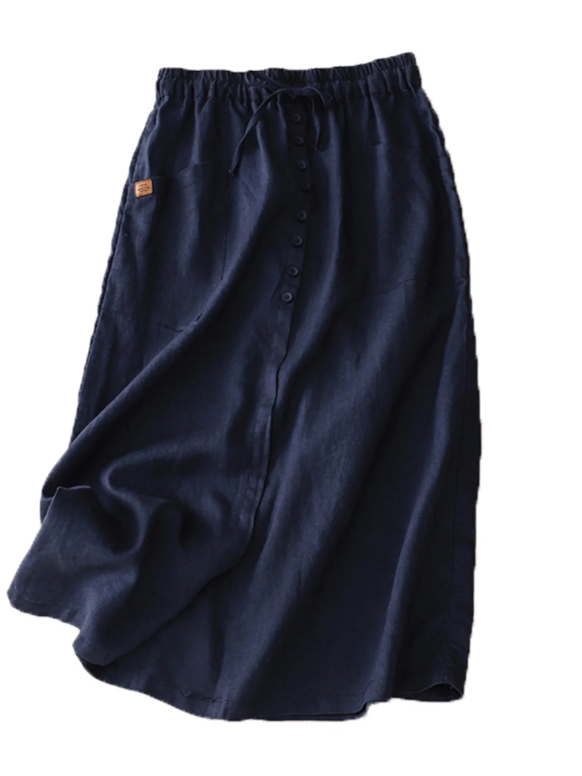 Retro Cotton Linen Elastic and Drawstring Waist Skirt, with Pockets