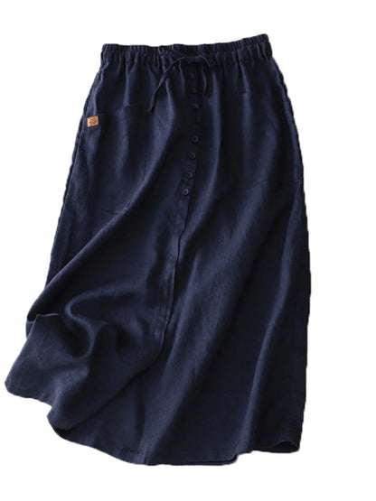 Retro Cotton Linen Elastic and Drawstring Waist Skirt, with Pockets