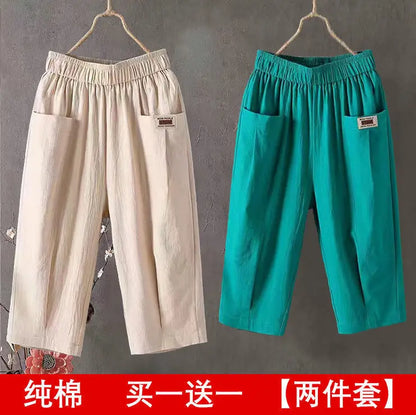 Cotton Linen Cropped 3/4 Length Pants, Loose, Linen with Elastic Waist and Pockets